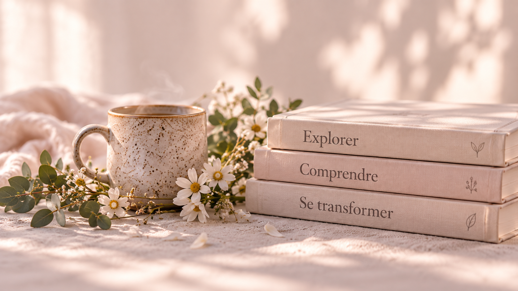 Tasse et livres dans une ambiance douce et lumineuse