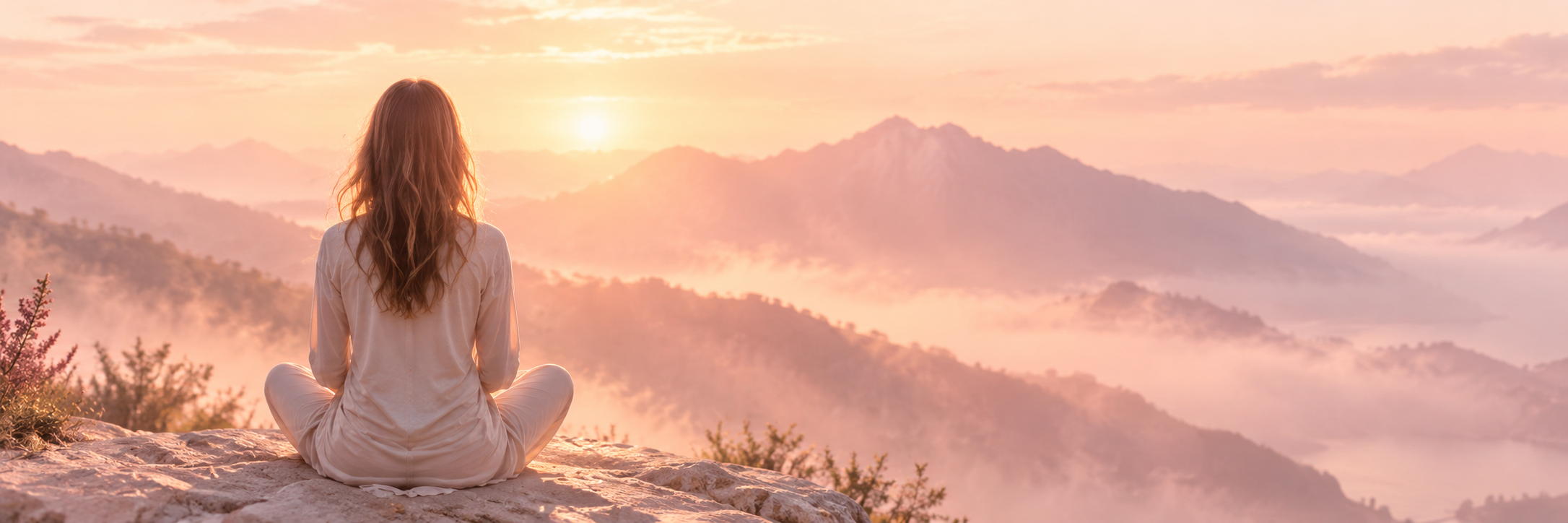 Femme méditant face aux montagnes au lever du soleil
